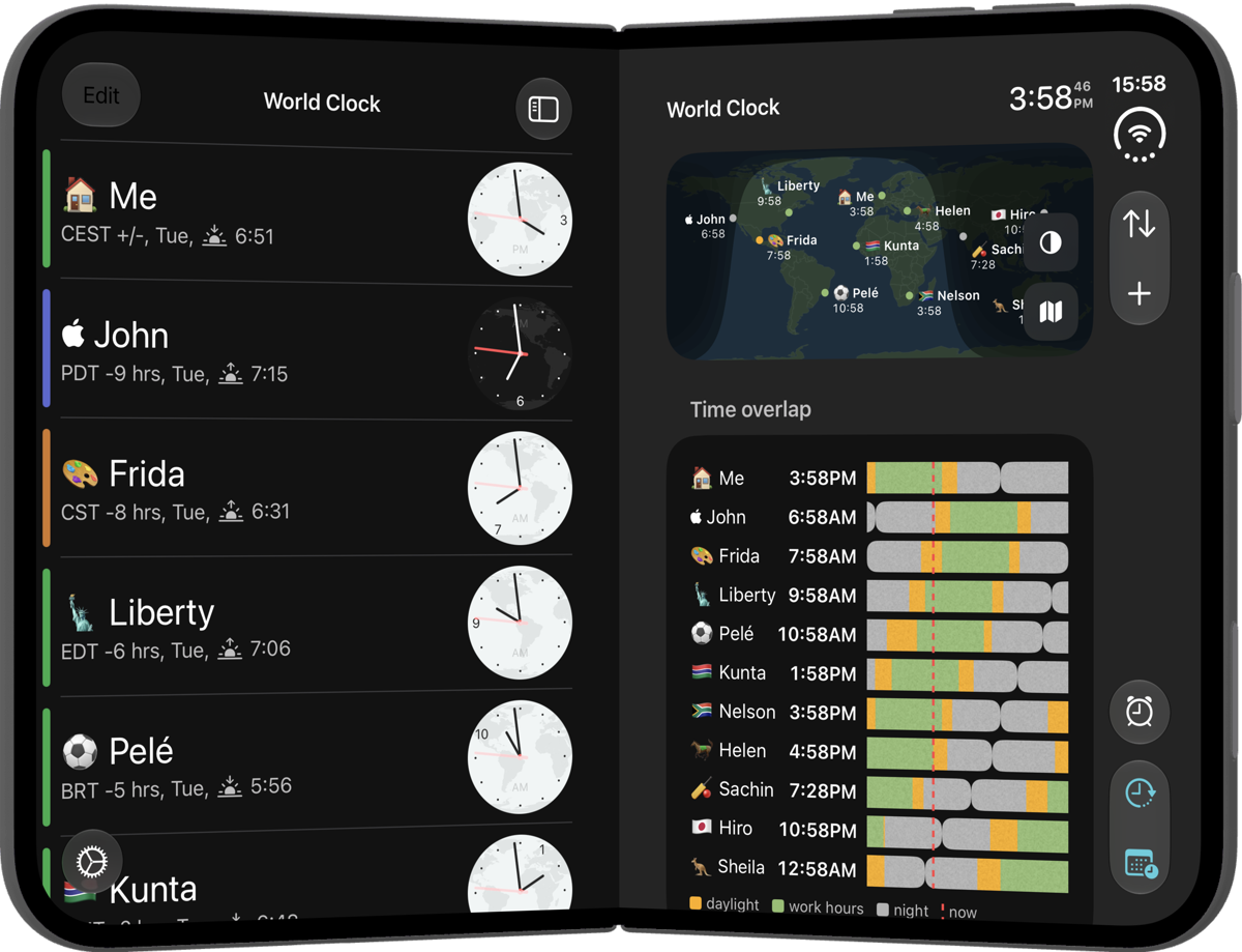 iPhone Duo open, with the clock list on the left and the world map and time overlap on the right