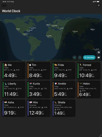 The new iPad layout: a world map with your clocks below it, wrapping to as many columns as fit.